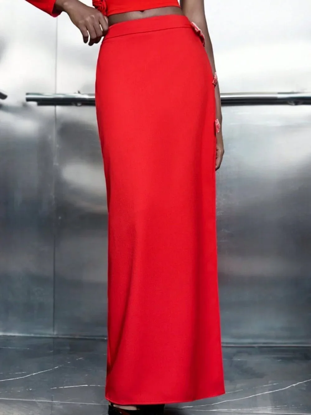 Red Elegant Women's Romantic High Side Slit Bow-Decorated Maxi Skirt